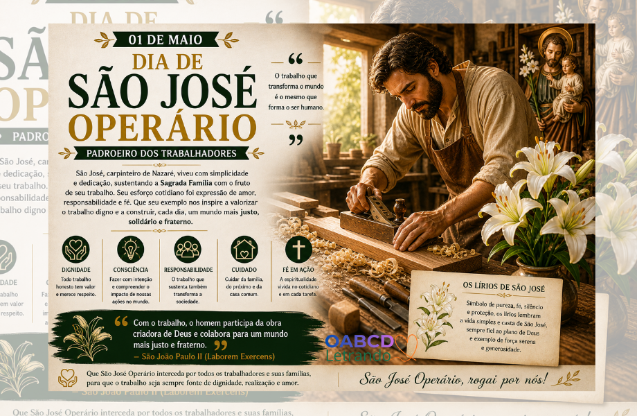 Imagem de São José Operário trabalhando como carpinteiro, com lírios simbolizando pureza e dignidade do trabalho humano