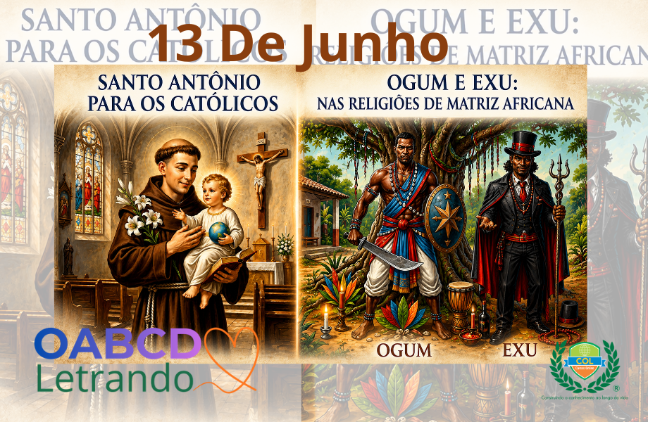Ilustração sobre Santo Antônio, Ogum e Exu, abordando história, cultura popular, sincretismo religioso e diversidade cultural brasileira.