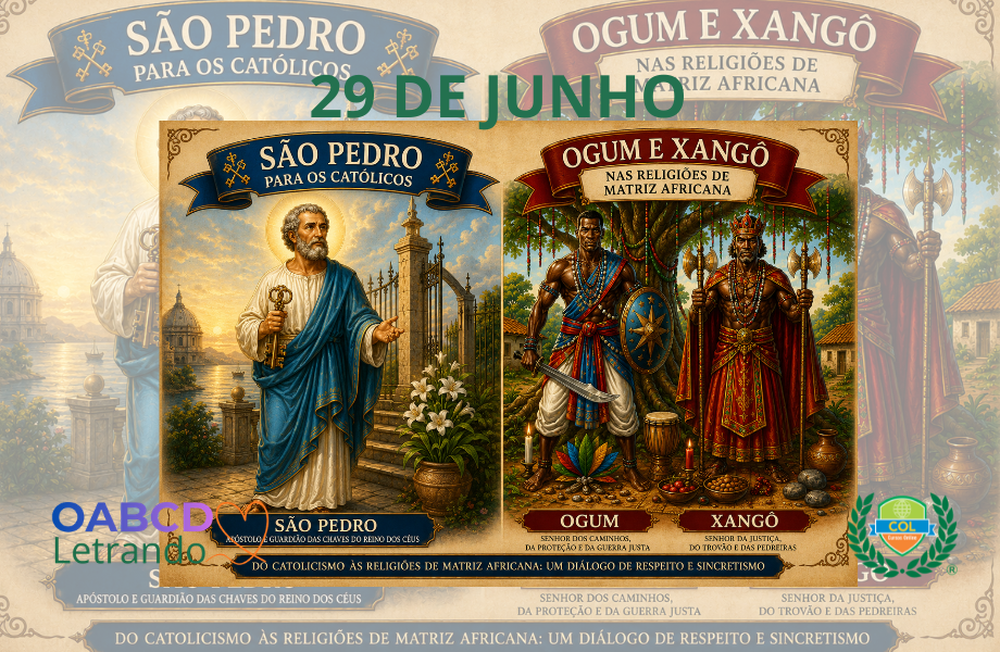 Ilustração de São Pedro, Ogum e Xangô representando o sincretismo religioso e a diversidade cultural brasileira.